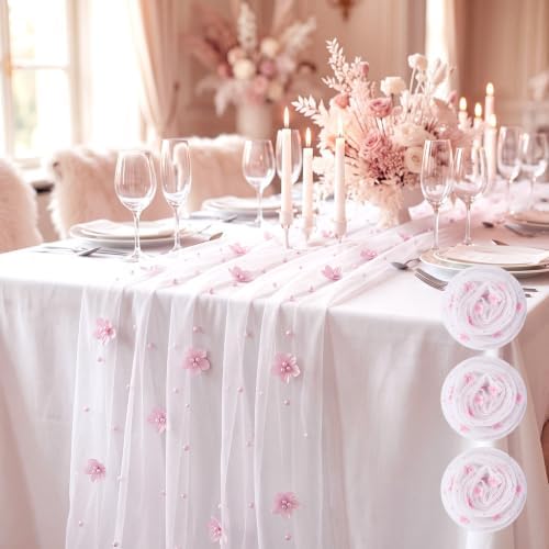 3 Pcs Flower Pearl Tulle Table Runner 10ft White for Wedding by Windkream