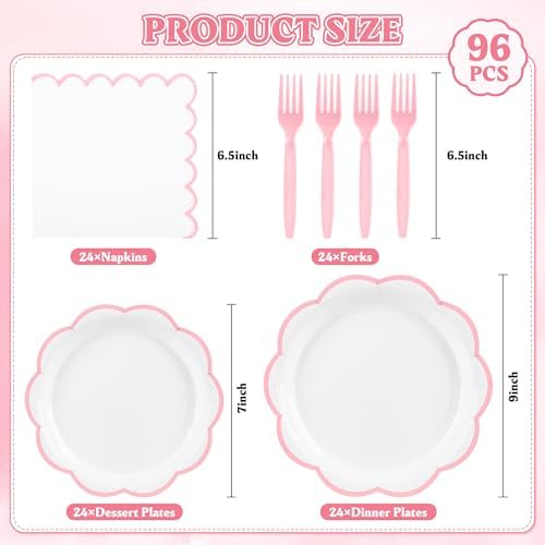 96 Pcs Pink and White Paper Plates and Napkins Set Serve for 24 Guests - Image 2