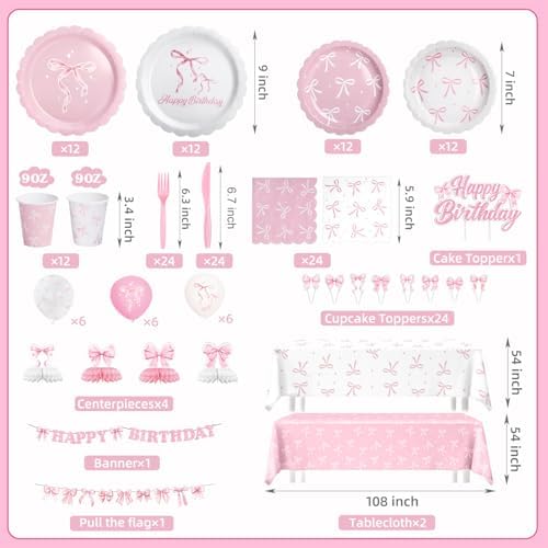 194 Pcs Pink Bow Birthday Decorations (Serves 24), Plates Napkins Cups Knifes Forks Hanging Swirls Cake & Cupcake Toppers, Banner Tablecloth Balloons Centerpieces for Girls Bachelorette Party Decor - Image 3