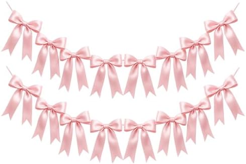 2 Strings of 16PCS Pink Bow Garland Banner Decoration,Pre-Strung Satin Ribbon Ornaments for Birthday,Bachelorette Party,Bridal Shower, Wedding,Engagement,Baby Shower, Graduation Deco,Anniversary by Unknown