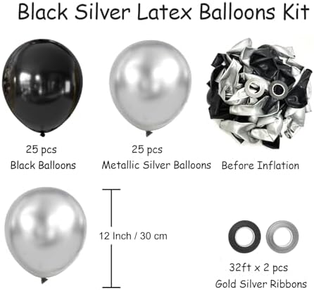 Black and Silver Balloons, 50PCS 12 Inch Silver Balck Latex Balloons Black Silver Party Balloons for Birthday,Graduation,New Years,Wedding,Engagement Party Decorations - Image 7
