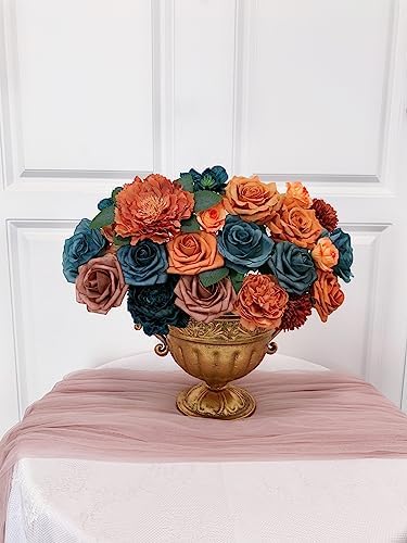 FACINOC Roses Artificial Flowers Teal Orange Bouquet Fall Fake Flower Combo - Image 6
