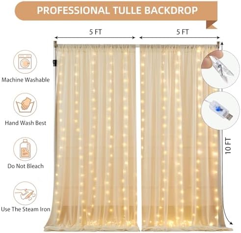Wish Care 20x10FT Champagne Wrinkle Free Backdrop Curtains with Lights String for Parties - Photo Curtain Backdrop with Lights for Wedding Decorations, Bridal Baby Shower Birthday Party Photography - Image 4
