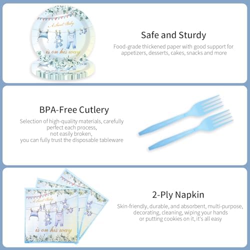 75PCS Greenery Baby Shower Plates and Napkins Decorations Party Favors, 7Inch A Sweet Baby Is on His Way Baby Boy Shower Paper Plates Disposable Dessert Tableware Party Supplies - Image 4