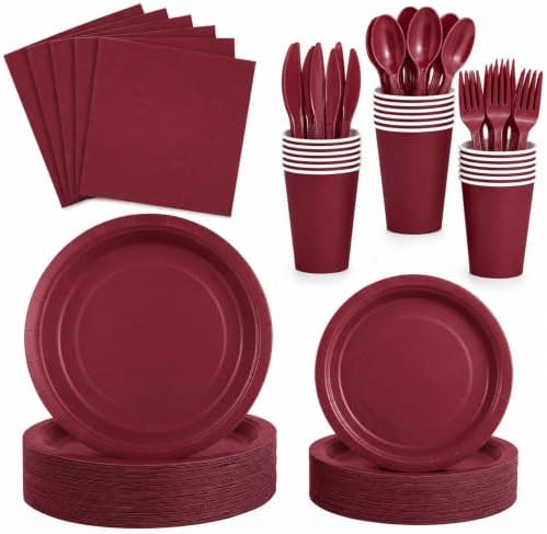 168Pcs Burgundy Plates and Napkins Party Supplies, Serves 24 by EUVBOKW