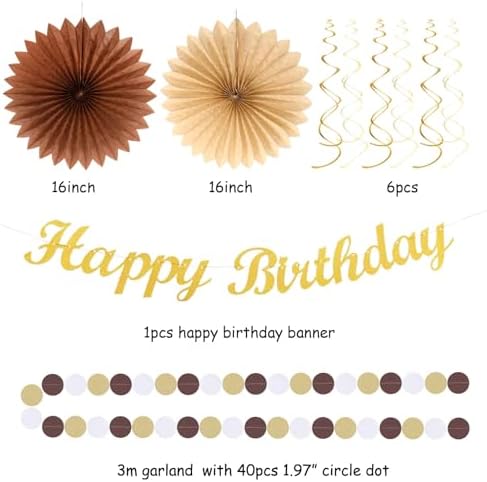 White-Brown Champagne-Gold Boho Birthday Party-Decorations - 21pcs Happy Banner,Beige Neutral Rustic Paper Lanterns Honeycomb, Hanging Streamers,Tissue Pom Poms Flower Fan,Fall Decor Supplies Huglony - Image 3