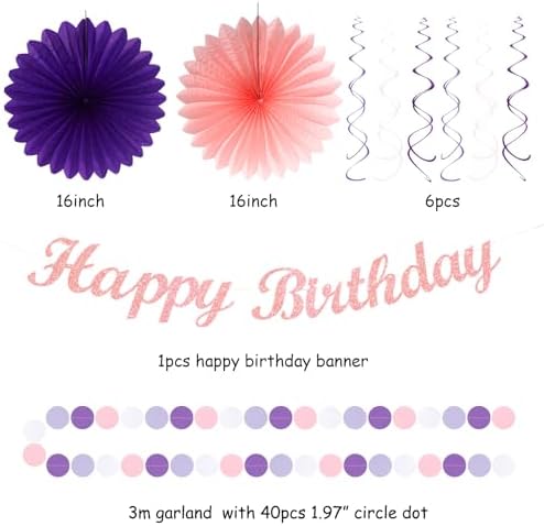Purple Lilac-Lavender Pink Women Birthday Party-Decorations - 21pcs Happy Banner,Paper Lanterns Honeycomb,Tissue Pom Poms Flower Fan,Classroom Hanging Streamers Garland,Girls Decor Supplies Huglony - Image 3