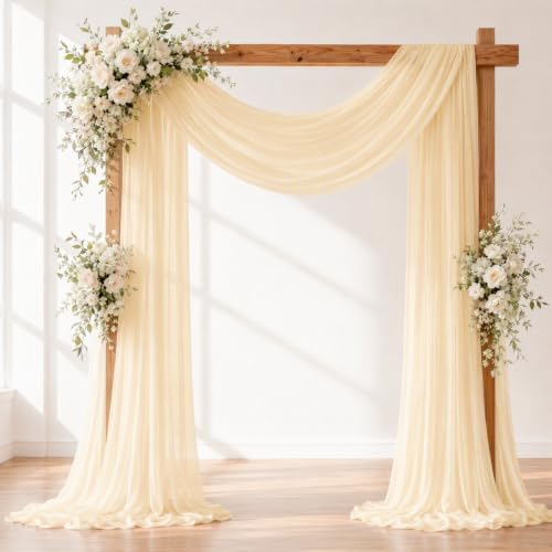 Beige Champagne Wedding Arch Draping Fabric Sheer Curtain Drapes 2 Panels | 20 ft Extra Long Shimmery Backdrop Curtains for Wedding Anniversary Party Summer Outdoor Events Drapery Backgrounds by Aeviusmo