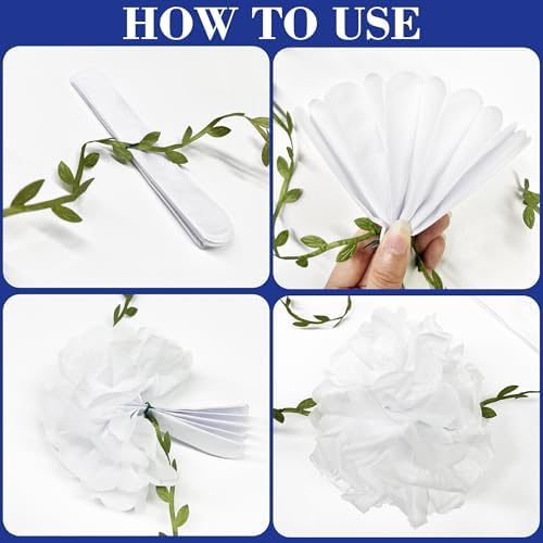 Blue and White Floral Royal Blue Tissue Flowers Pom Pom with Sage Green Leaf Ribbon Hanging Streamer Garland for Birthday Wedding Shower Engagement Chinoiserie Themed Party Decorations Supplies - Image 3