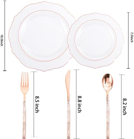 Liacere 150PCS Rose Gold Plastic Plates - Clear Rose Gold Disposable Plates with Glitter Bamboo Handle Cutlery - 60 Baroque Elegant Plates, 30 Forks, 30 Spoons, 30 Knives for Wedding ＆ Party & Summer - Image 2
