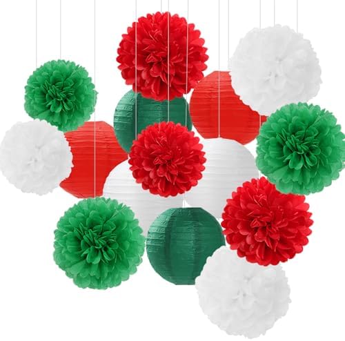 Red-Green White Party-Decorations Christmas Flowers Lanterns - 15PCS Italian Mexican Independence Day Paper Tissue Pom Poms Streamers,Mexico Italy Birthday Baby Shower Wedding Hanging Decor Hugfond by Hugfond