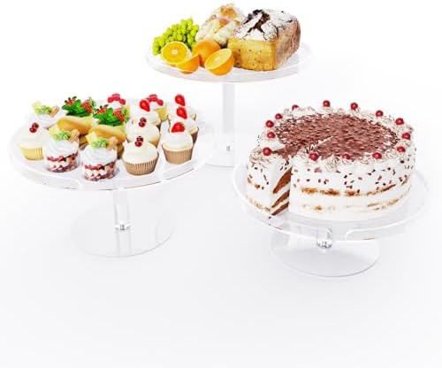 Bakzon Acrylic Cupcake Stand, Clear Dessert Dessert Table Display Set, Cupcake Tower Holder Display with Base for Wedding, Party, Baby Shower, 3 Set Round, Transparent - Image 2