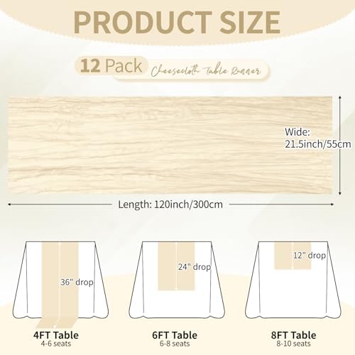 12 Pack Ivory Cheesecloth Table Runner 10Ft, Gauze Table Runners 21.5 x 120 inch,Semi Sheer Cheese Cloth Fabric Runner Bulk for Wedding,Party,Baby Shower,Bridal Shower - Image 2