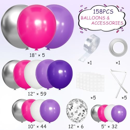 MEBAY Hot Pink Purple Silver Baloon Garland Arch Kit, 146Pcs Latex Balloons Different Sizes 18 12 10 5 inch for Women Girls Birthday Baby Shower Wedding Party Decorations - Image 2