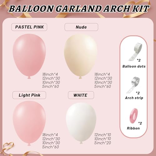 412Pcs Pink Balloon Arch Garland Kit,18 12 10 5 Inch Pink White Balloon Arch Garland Kit Include Nude Balloons for Birthday Shower Princess Theme Party Wedding Decorations - Image 2