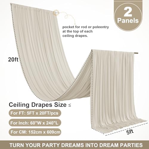 2 Panels 5ft(W) x 20ft(L) Beige Ceiling Drapes for Wedding Parties - Image 3