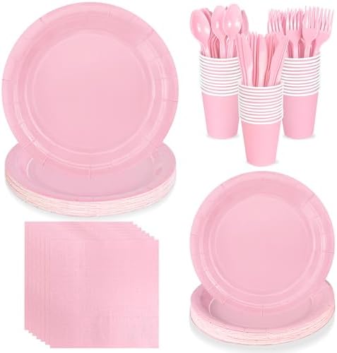 WNINK 168PCS Light Pink Paper Plates and Napkins, Pink Disposable Plates Set for Baby Shower Gender Reveal Girl Birthday Party Supplies Serve 24 Guests by WNINK