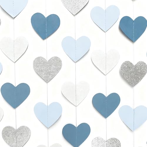 Silver Blue White Heart Party Decorations Dusty Blue Glitter Paper Silver White Love Heart Hanging Garland Streamer Banner for Birthday Valentines Day Anniversary Wedding Shower Party Supplies - Image 3