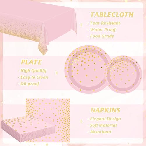 122 Pcs Pink Plates and Napkins Party Supplies, Birthday Decorations for Women Serves 30, Girl Baby Shower Decorations with Wedding Paper Plates, Golden Pink Party Supplies with Fork and Tablecloth - Image 3
