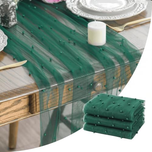 Artoid Mode 3-Pack Pearl Dark Green Gauze Table Runner 10FT Home Decor by ArtoidMode