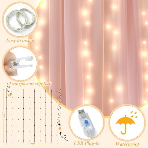 Ledido 10×8ft Pink Tulle Backdrop Curtains with Lights(2 Panels 5×8ft) - Image 3