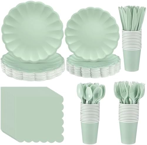 Newtay 350 Pcs Light Green Scalloped Paper Plates Shell Edge Disposable Tableware Cocktail Napkins Cups Plastic Spoons Forks Knives for Wedding Baby Shower Picnic Birthday Party Supply for 50 Guests by Newtay