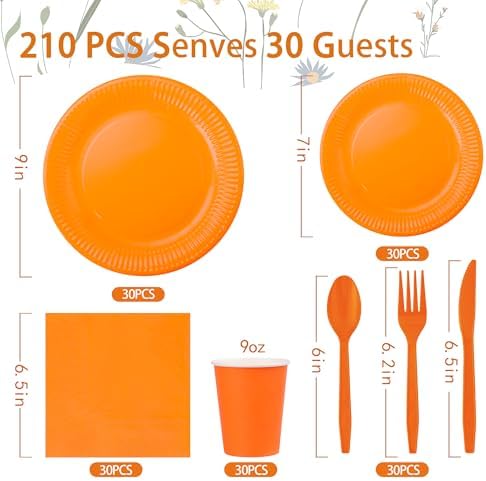 210pcs Orange plates and napkins party supplies - Plastic Silverware Cutlery, Paper Cups and Plates, Napkins Suitable for parties and birthdays Serves 30 (Orange) - Image 2