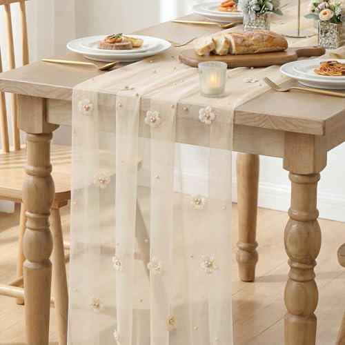 Artoid Mode Flower Pearl Champagne Gauze Table Runner 10FT 6PC, Seasonal Sheer Dining Holiday Wedding Birthday Baby Shower Table Decor for Home Party - Image 6