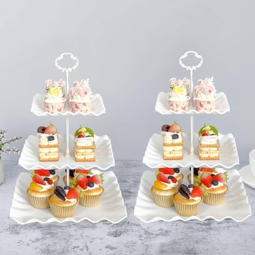 2 Pack of White Square Dessert Cupcake Stand, 3 Tiered Plastic Serving Tray - Image 5