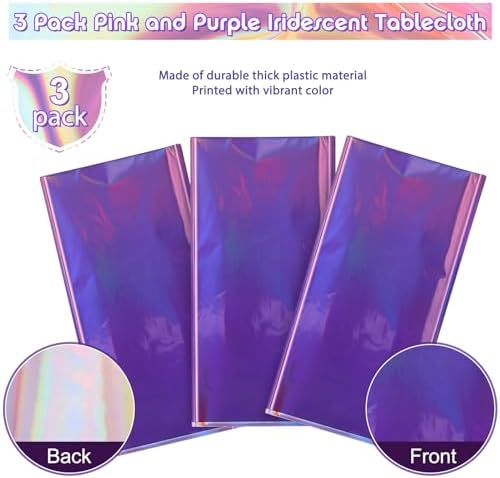 3 Pack Ombre Iridescent Pink and Purple Plastic Tablecloths, Shiny Disposable Laser Rectangle Table Covers Holographic Foil Tablecloth Iridescent Party Decoration Birthday Bridal Wedding, 54x108 Inch - Image 4