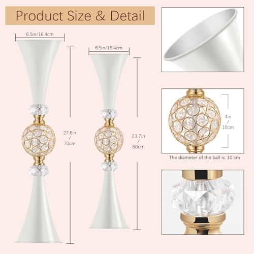 VIJIV White Tall Crystal Flower Vases for Centerpiece - 24'' Large Trumpet Vase for Bouquet Skinny Decorative, Table/Floor Vase Flower Stand for Party Event, Dining Table Décor, Bridal Wedding - Image 3