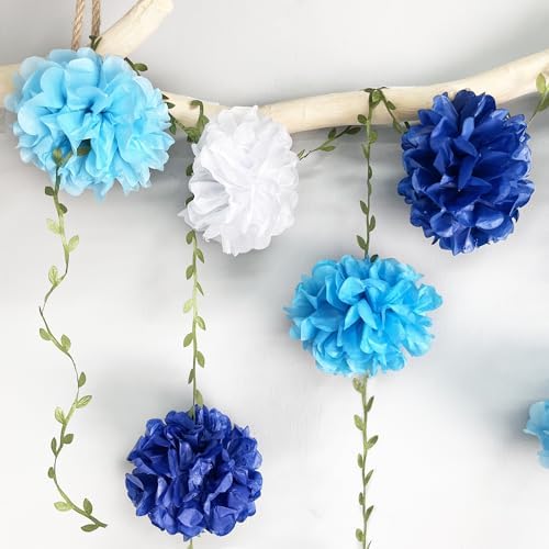 Blue White Party Decorations Ombre Blue Tissue Paper Flowers Pom Pom with Leaf Ribbon Hanging Garland Streamer for Birthday Wedding Shower Under The Sea Nautical Ahoy Achor Party Supplies - Image 7