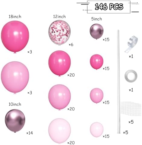 MEBAY Pink Balloon Arch Kit, 146 PCS Hot Pink Light Pastel Pink Metallic Balloons Garland with Confetti for Bridal Baby Shower Birthday Princess Wedding Party Decorations - Image 2