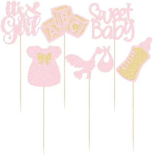 Gyufise 12Pcs Baby Shower Centerpiece Sticks Glitter Tie Onesie Oh Baby Gender Reveal It's a Girl Table Centerpiece Sticks for Baby Shower Gender Reveal Kids Birthday Party Supplies Light Pink - Image 3