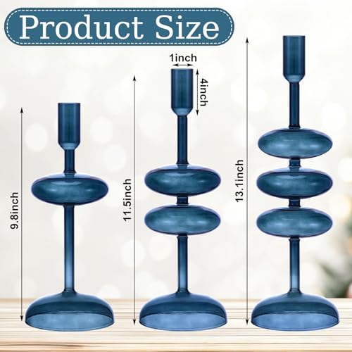 LemonRoad Glass Taper Candlestick Holder Set of 3, Table Decor, Deep Blue - Image 3