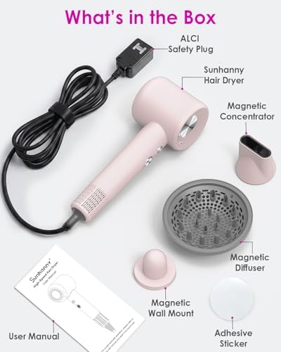 High Speed Ionic Professional Hair Blow Dryer,160000 RPM Powerful Fast Drying Travel Hairdryer Blowdryer with Magnetic Diffuser, Concentrator Nozzle & Wall Mount Bracket, 3 Speeds & 4 Temps, Pink - Image 7