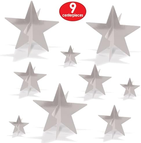 Beistle 3-D Foil Star Centerpieces, 9-Pack Silver Cardstock Table Decorations for Awards Night Themes, New Year’s Eve, Anniversary Parties and Elegant Celebration Displays, Three Sizes 3", 5½", 8" - Image 4