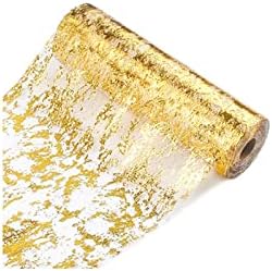 Gold Table Runner 11 Inch x 100 Feet Inches, Glitter Metallic Mesh Gold Runner Roll Table Decorations for Wedding, Baby Shower, Birthday, Christmas by Sunlunckystar
