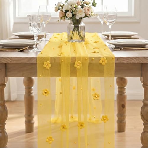 Artoid Mode Yellow Flower Pearl Yellow Gauze Table Runner 10FT, Seasonal Sheer Dining Holiday Wedding Birthday Baby Shower Table Decor for Home Party - Image 2