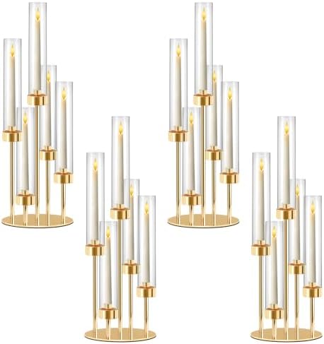 5-Arm Black Metal Table Candelabra Centerpiece, 22" Tall Clear Candlesticks Holder with Shade for Valentines Day Events Party Table Centerpiece,Fit LED Candles (4, Gold, S-22in) by kehail