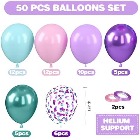 Mermaid Balloons, 50 Pcs Pink Teal Purple for Girls Princess Birthday Party - Image 2