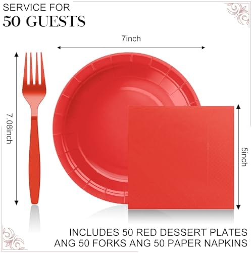 Red Paper Plates and Napkins Includes 7inch Red Dessert Plates,Napkins,Plastic Forks, Disposable Red Party Supplies for Christmas, Valentines Day, Birthday, Wedding, BBQ for 50 Guests - Image 2