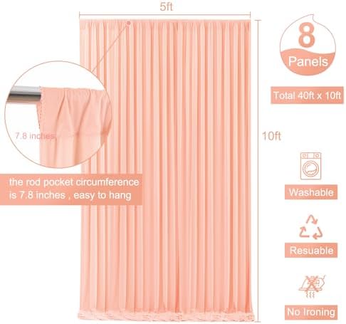 8 Panels Peach Backdrop Curtain for Parties Wedding Wrinkle Free Peach Photo Curtains Backdrop Drapes Fabric Decoration for Baby Shower Birthday Party 40ft(W) x 10ft(H) - Image 5