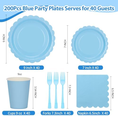 200Pcs Light Blue Party Plates and Napkins, 9’’and 7’’ Disposable Scalloped Baby Blue Paper Plates Cups Napkins Forks Set Party Supplies for Birthday, Wedding, Baby Shower Party Decorations, Serves 40 - Image 2