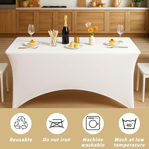 Fixwal 3 Pack 8FT Pearl White Tablecloth Rectangle Spandex Table Cover - Image 5