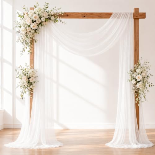 White Wedding Arch Draping Fabric Sheer Curtain Drapes 3 Panels | 20 ft Extra Long Shimmery Backdrop Curtains for Wedding Anniversary Party Summer Outdoor Events Drapery Photo Backgrounds - Image 2