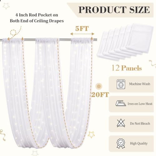 12 Panels White Ceiling Curtains with Lights for Weddings - 5ftx20ft Wrinkle-Free Tulle Fabric Wedding Arch Draping Fabric Ceiling Decorations for Wedding Party Ceremony Stage Tent Event - Image 4