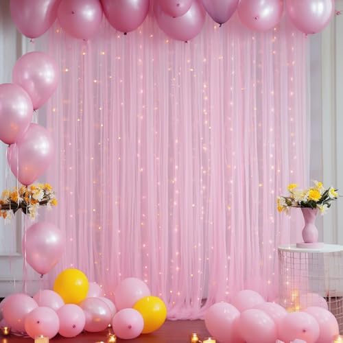 20ft x 10ft Pink Backdrop Curtain with Lights String for Parties, Sheer Tulle Wedding Photo Backdrops Drapes for Baby Shower Birthday Party Decorations Background for Photography - Image 5