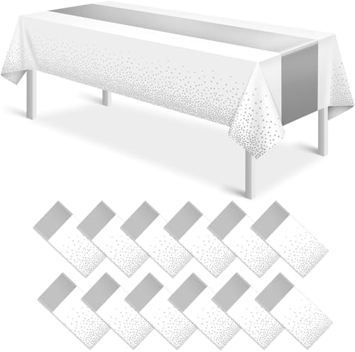 MASHAN 12Pcs White Silver Tablecloth Party Decorations,Plastic White Table Cloth Printed Silver Runner Disposable Rectangle Table Cover for Birthday Wedding Anniversary Graduation Party,54 x108 Inch by MASHAN
