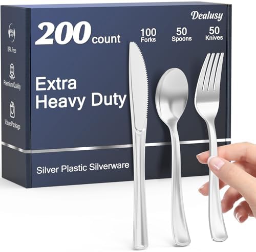 Dealusy 200 Count Heavy Duty Silver Plastic Silverware by Dealusy